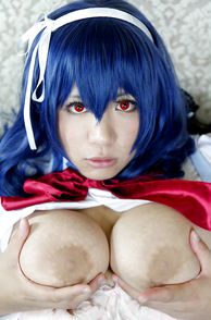 Red Eyes Blue Haired Cosplay Asian Holding Her Big Tits